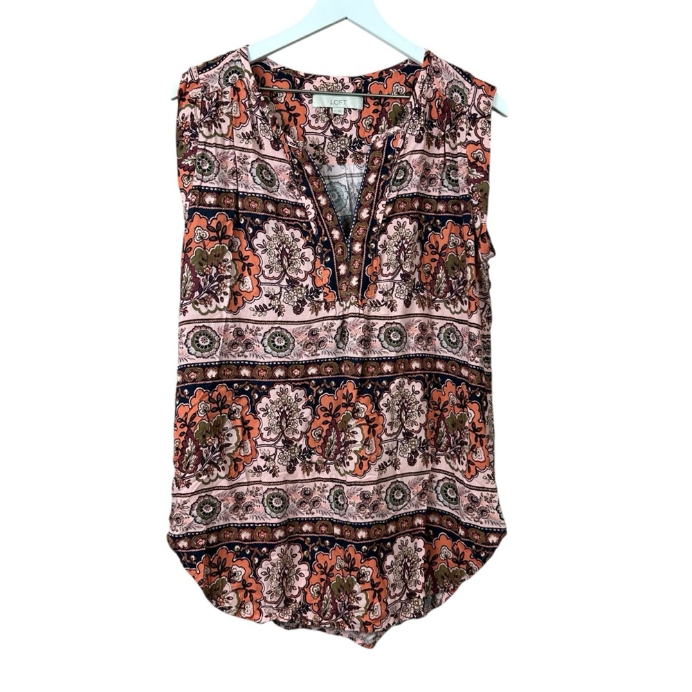 Loft Sleeveless Print V Neck Top Women Sz M